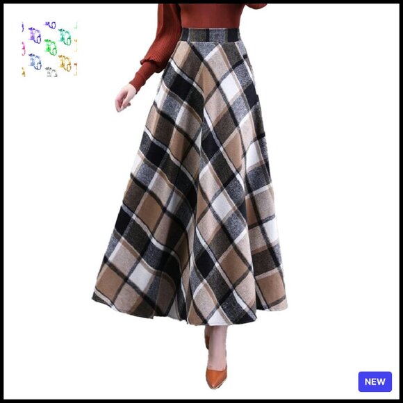 Vintage Plaid Maxi Skirt High Elastic Waist A-Line Fall Winter Long Tartan